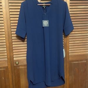 Bobeau Dress Pleat Front Shift Navy Blue V-neck Medium